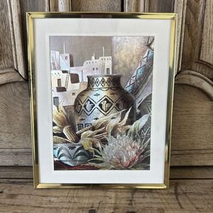 Vintage Southwest Pottery Foil Art Print Corn Adobe Bloom Brothers Brass Frame